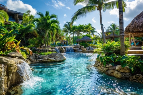 A pool with a waterfall surrounded by palm trees at a lavish resort in a tropical paradise
