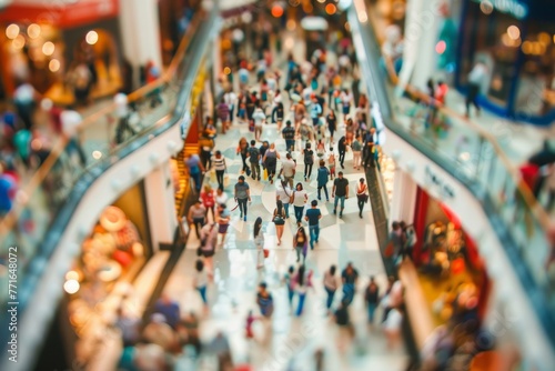 A group of shoppers navigating through a crowded mall during a sale event, showcasing the bustling atmosphere of consumer activity
