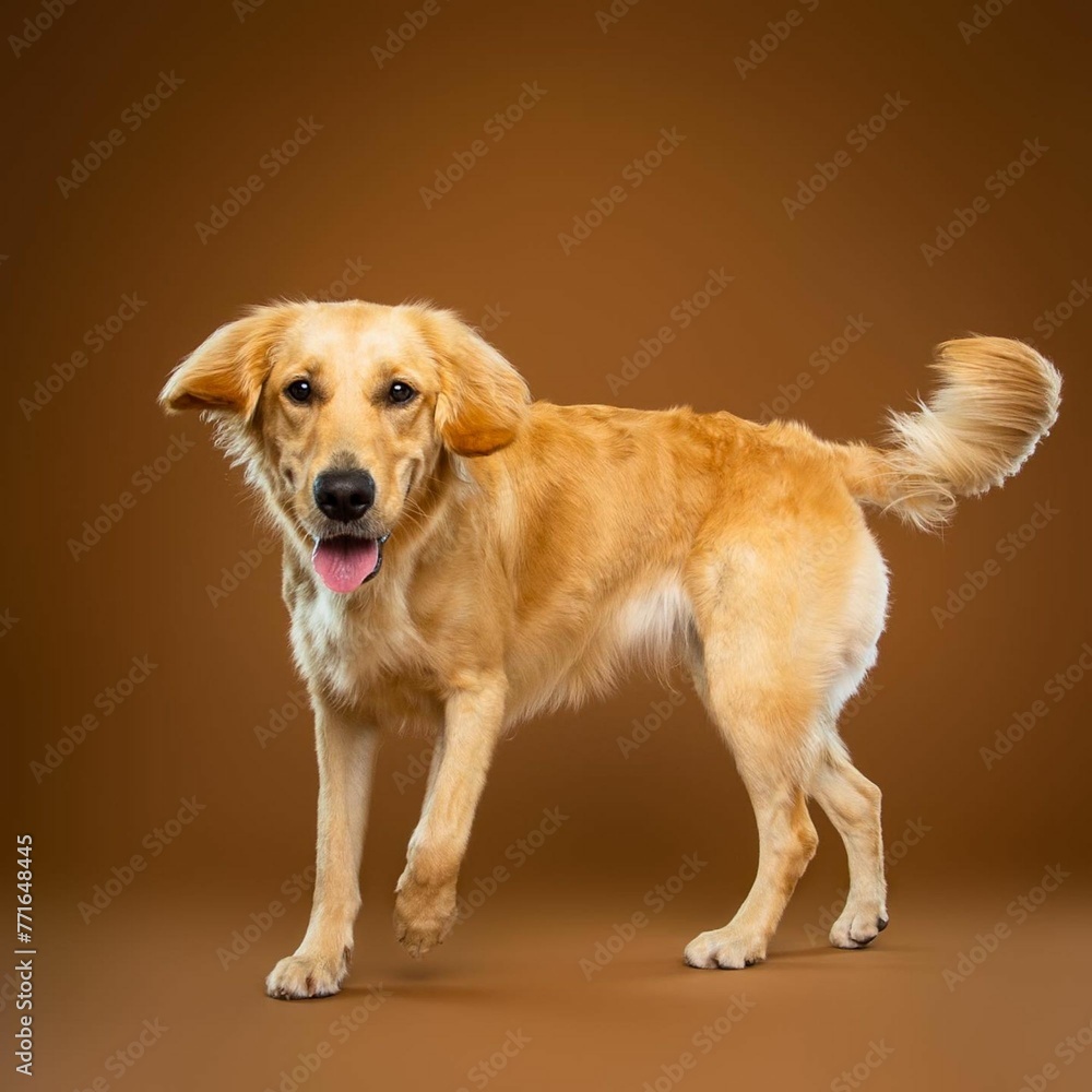 

Beautiful golden retriever dog isolated on brown background. looking at camera . front view. dog studio portrait.happy dog .dog isolated .puppy isolated .puppy closeup face,indoors.brown background