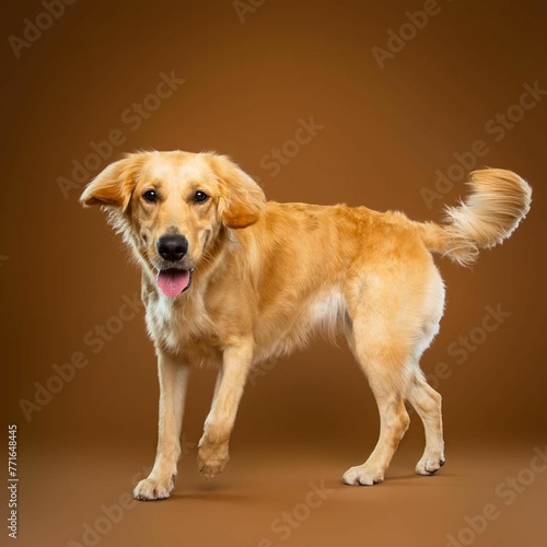 Beautiful golden retriever dog isolated on brown background. looking at camera . front view. dog studio portrait.happy dog .dog isolated .puppy isolated .puppy closeup face,indoors.brown background