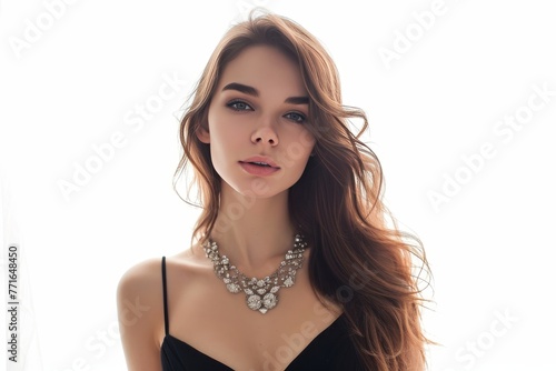 Pretty Young Woman in Statement Necklace and Classic Black Dress photo on white isolated background