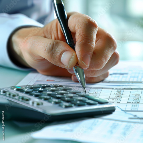 close up of a hand writing with a calculator, close up