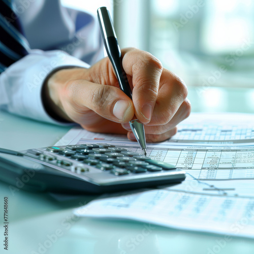 close up of a hand writing and a calculator
