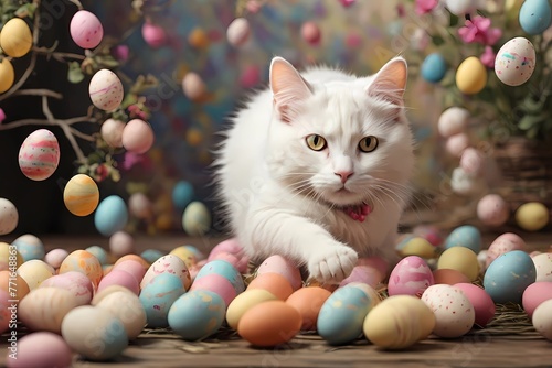 Celebrate Easter with our playful white cat amidst vibrant eggs! Joyful illustration of renewal and new beginnings!