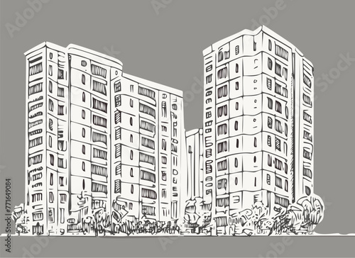 Architectural sketch of a multistory buildings. Freehand pencil drawing. Vector