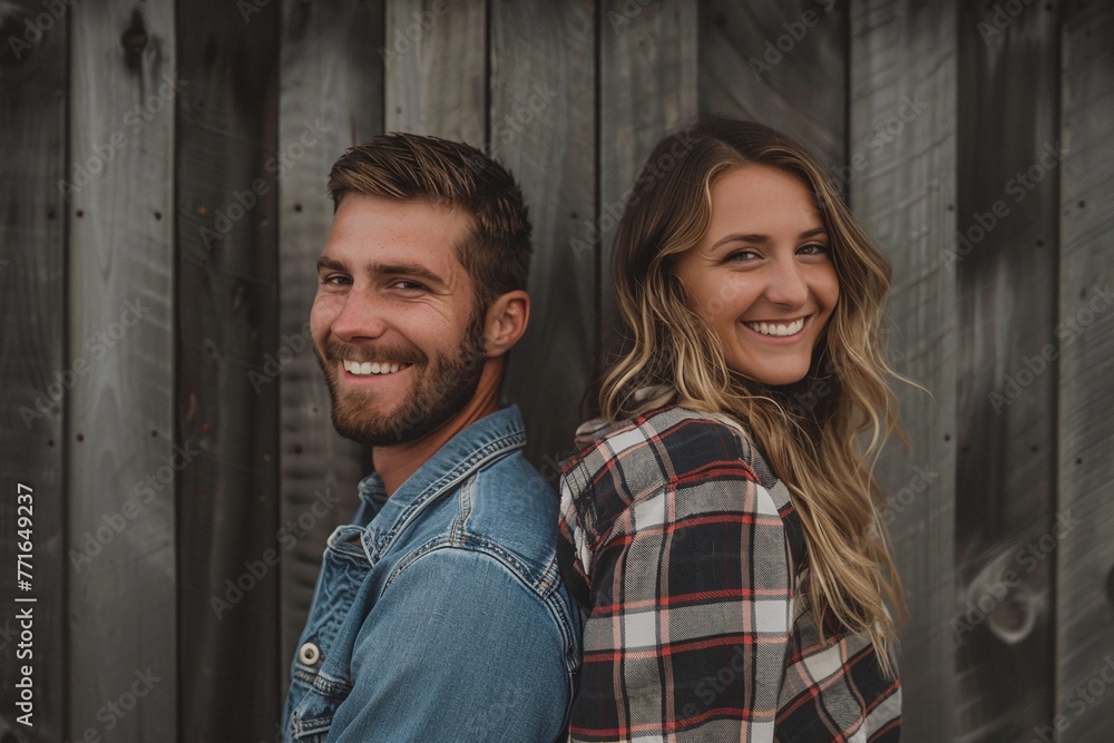 Young couple in casual clothing smiling back to back. Urban lifestyle and relationship concept. Design for clothing brand, social media banner, or youth culture poster