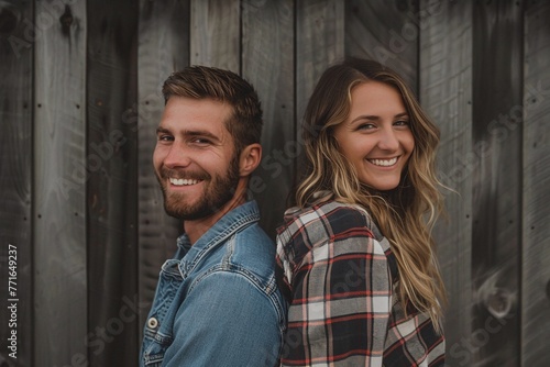 Young couple in casual clothing smiling back to back. Urban lifestyle and relationship concept. Design for clothing brand, social media banner, or youth culture poster