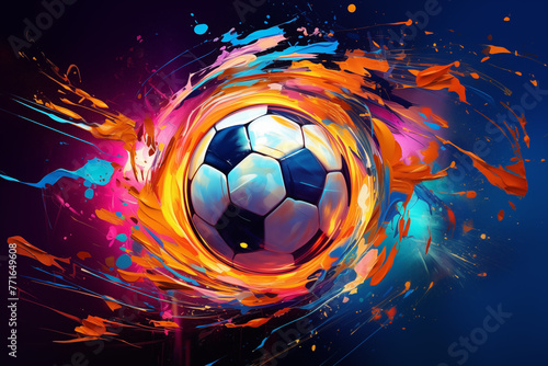An abstract of a glowing neon-colored soccer ball suspended elegantly against a deep blue background