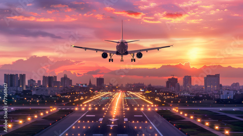 Passenger commercial plane landing at sunset  passenger airplane transport.
