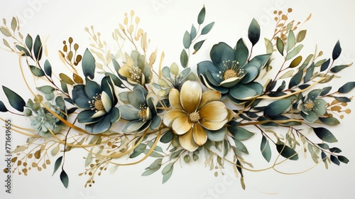 A painting of a bouquet of flowers with gold accents