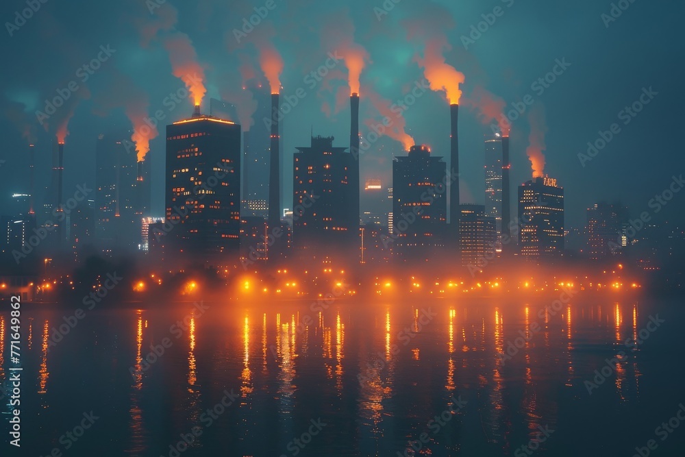 An ominous view of industrial pollution over a city at night, showcasing environmental issues
