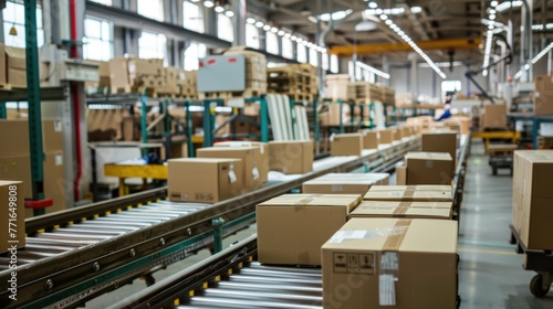 Interior of a warehouse with parcels on conveyor belts and shelves filled with boxes, illustrating a busy distribution center. © kittikunfoto