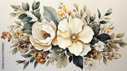 A painting of a flower bouquet with a white flower in the center