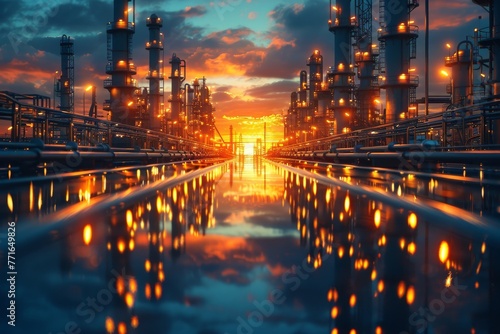 An industrial facility is bathed in the golden light of sunset, with reflections on the wet ground creating stunning visual symmetry photo