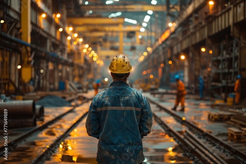 A pensive worker stands on train tracks amidst a sprawling industrial setting