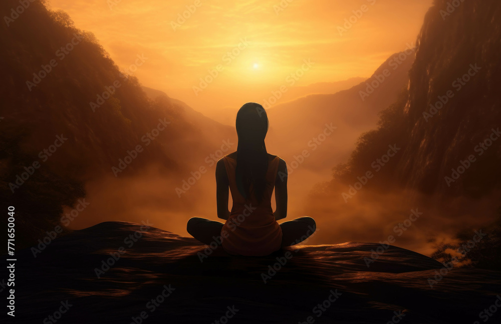 Meditation nature, women practicing breathing yoga and mindfulness on a mountain background