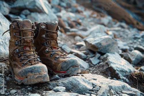 Pair of hiking boots sitting on pile of rocks, showcasing rugged terrain of mountain path
