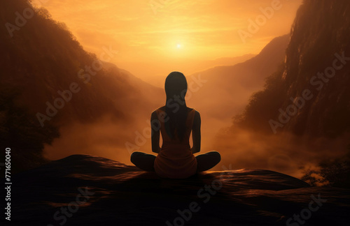 Meditation nature, women practicing breathing yoga and mindfulness on a mountain background