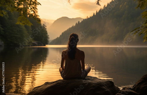 Meditation nature, women practicing breathing yoga and mindfulness outdoors on a sunset river background © Katewaree
