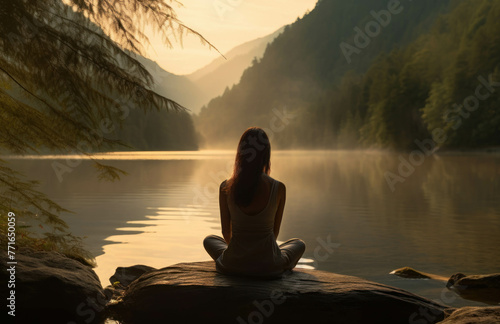 Meditation nature, women practicing breathing yoga and mindfulness outdoors on a sunset river background photo