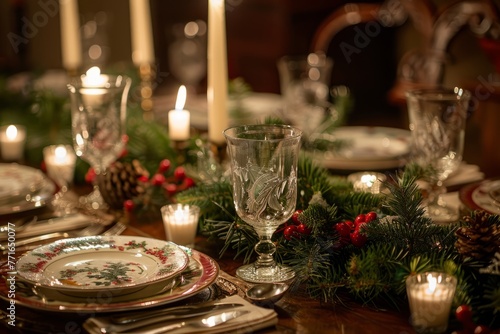 A festive Christmas table setting with glowing candles  decorative plates  and a beautiful evergreen centerpiece