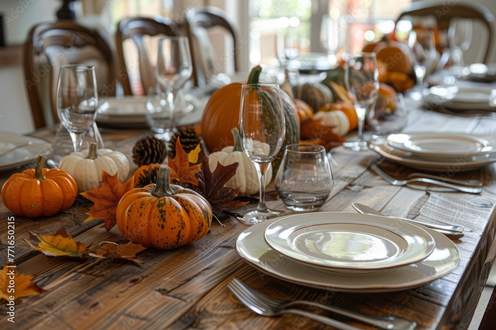 Table set for Thanksgiving with pumpkins, gourds, and fall leaves as centerpieces in a rustic autumn-themed setup