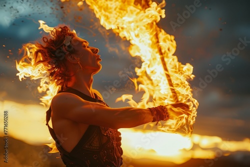 Professional fire performer showcasing skill by twirling flaming batons during an outdoor performance photo