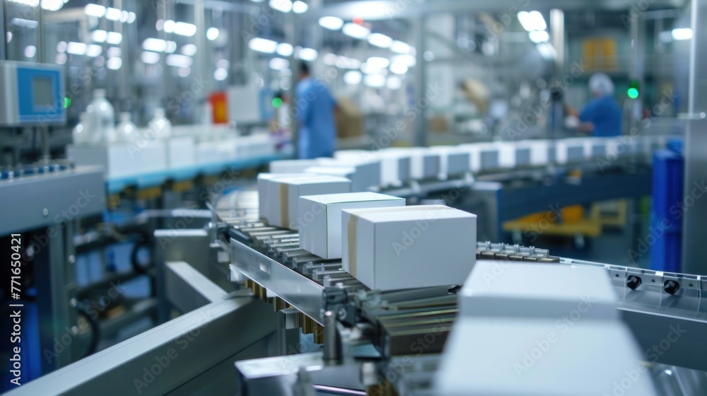 A modern manufacturing facility with automated machinery handling product packaging, with workers monitoring the production process in the background. A modern manufacturing facility with automated machinery handling product packaging, with workers monitoring the production process in the background.