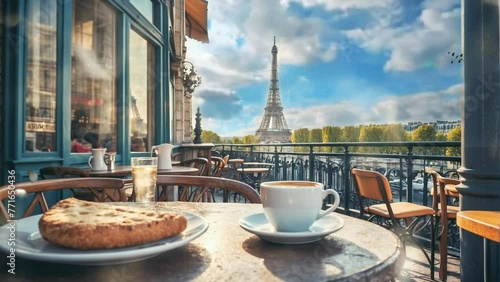 street cafe in paris, with the Eiffel Tower in the background, cartoon or anime watercolor digital painting illustration style. seamless looping 4k video animation background. photo