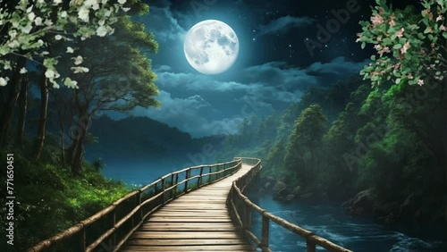 view of the Pine forest bridge at night and bright moonlight. 4K seamless looping virtual video animation background photo