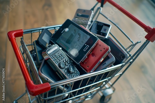 Overhead view of a shopping cart on a wooden floor, packed with various electronic devices and tech gifts, symbolizing modern holiday shopping trends