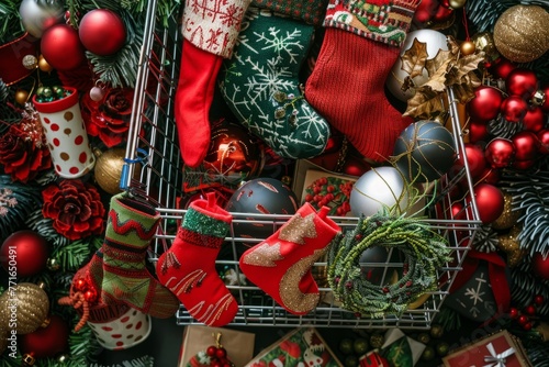 A shopping cart is overflowing with various Christmas decorations like stockings  wreaths  and tabletop items
