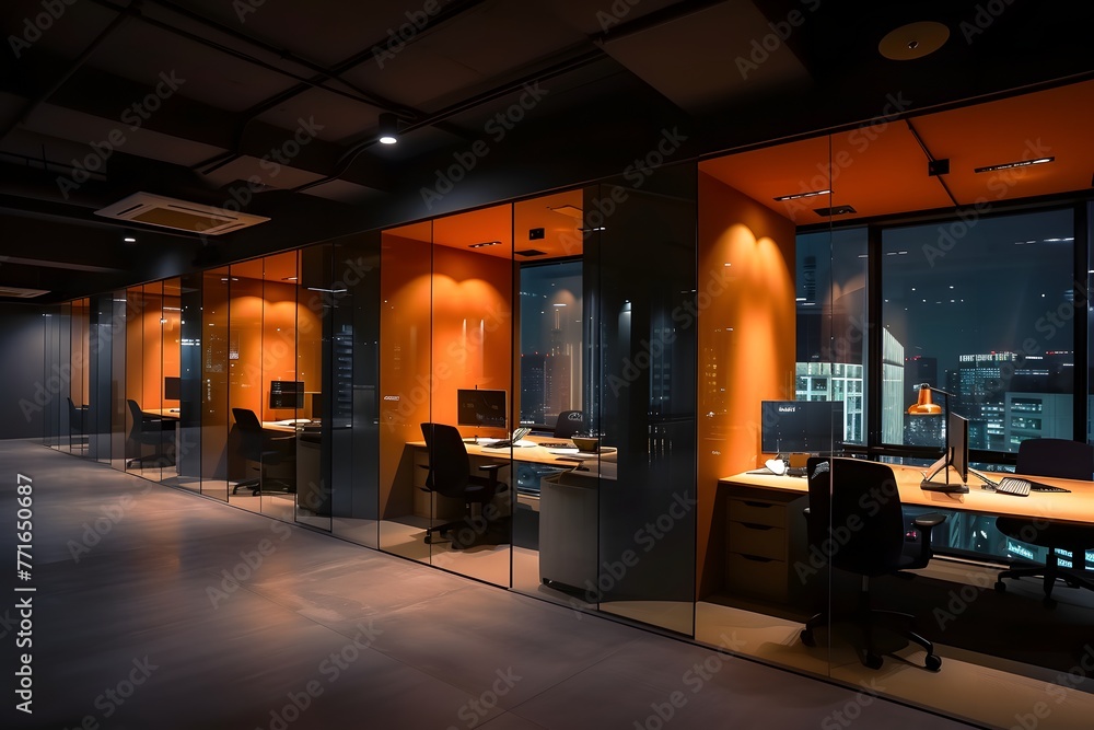 Modern Office Space After Hours with Illuminated Workstations
