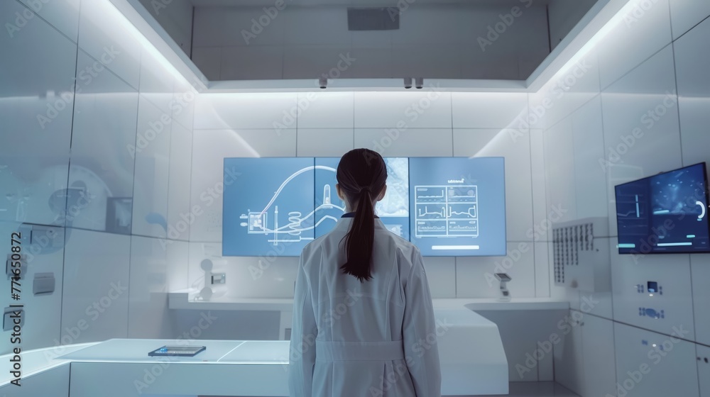 In a futuristic high tech lab setting the lab technician conducts experiments on movement and human mobility