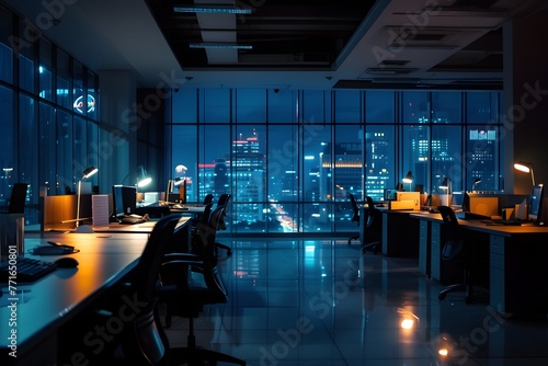 Modern Office Space After Hours with Illuminated Workstations
