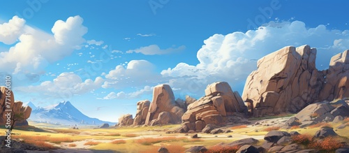 A stunning painting of a desert landscape with majestic mountains and rocks, under a clear blue sky with fluffy cumulus clouds, capturing the beauty of natural landscape