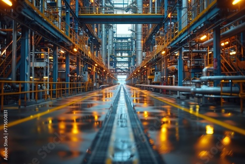 Long corridor with symmetrical steel structures on both sides and reflective floor, suggestive of vast industrial operations
