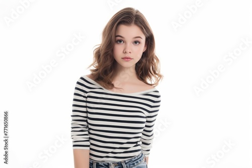 Pretty Young Woman in Striped Boatneck Top and High-Waisted Shorts photo on white isolated background © Aditya
