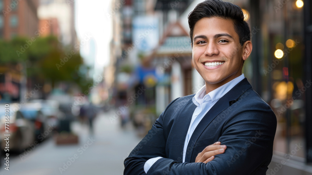 A young man with a confident smile stands with arms crossed wearing a suit jacket and dress shirt. A young man with a confident smile stands with arms crossed wearing a suit jacket and dress shirt.