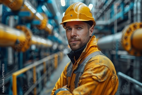 A male technician with a hard hat and yellow workwear gazes confidently in an industrial environment