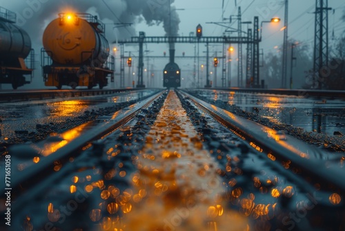 Rain-soaked railway tracks shimmering with reflections under a fiery dawn sky with industrial elements