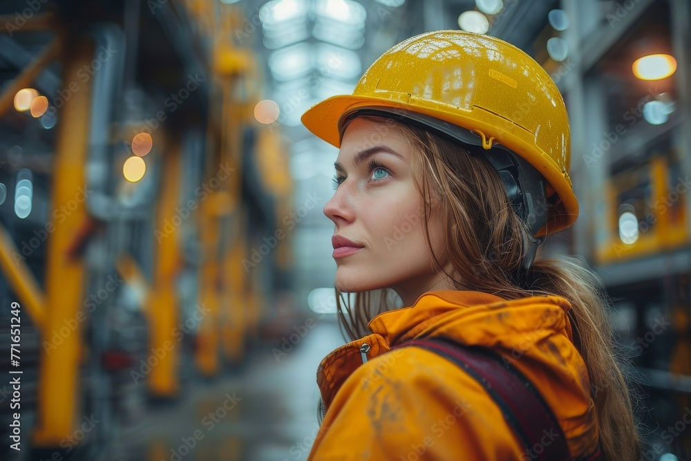 A young female engineer in a yellow hard hat looks thoughtful in an industrial plant A young female engineer in a yellow hard hat looks thoughtful in an industrial plant