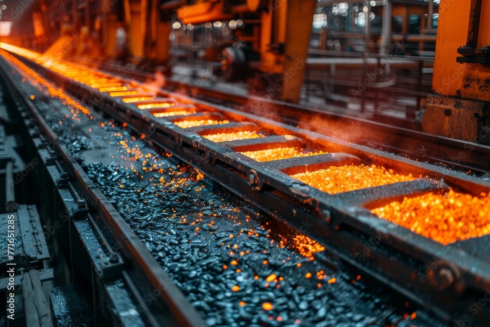 The image shows the hot, liquid process of steel production, with vibrant molten orange streams