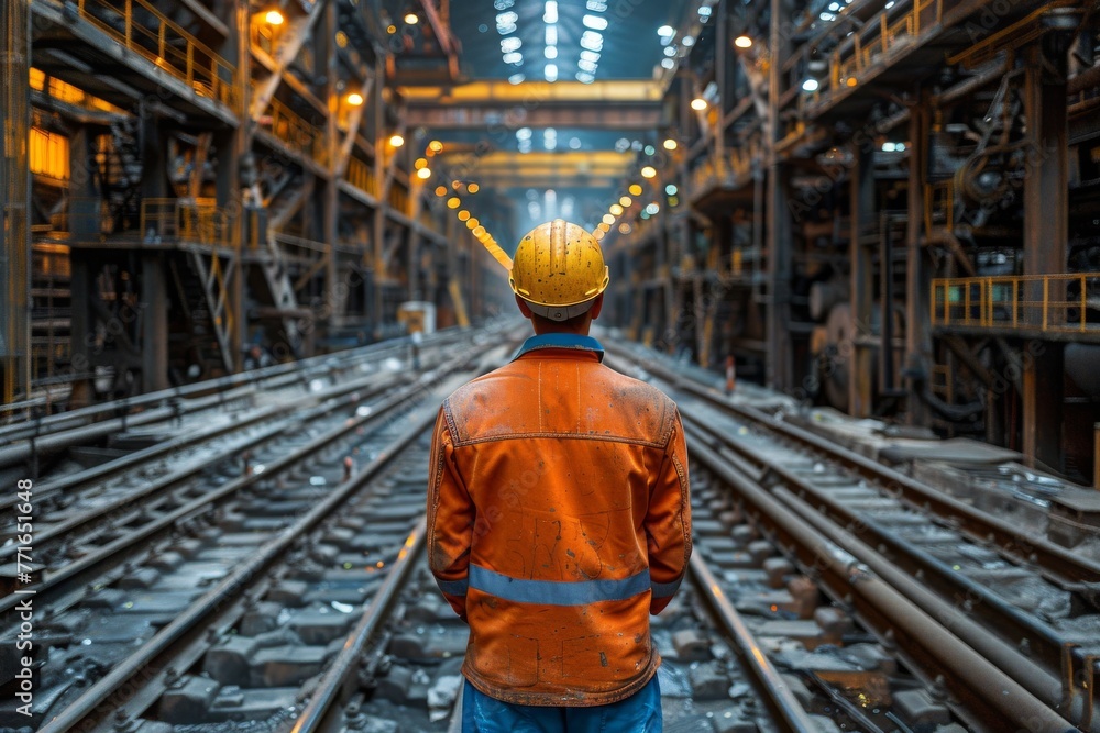 A man in a safety vest and helmet stands contemplating in a large industrial area with rails and machinery