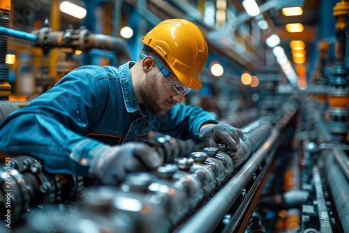 A worker in protective gear and hard hat is focused on adjusting machinery in a complex industrial environment