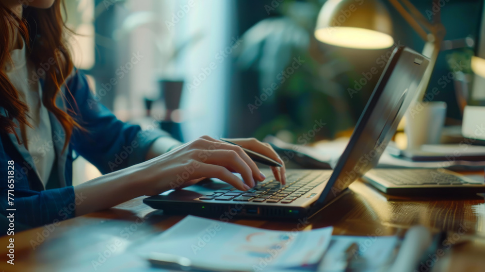A close-up view of hands typing on a laptop keyboard, with a desk lamp illuminating the workspace. A close-up view of hands typing on a laptop keyboard, with a desk lamp illuminating the workspace.