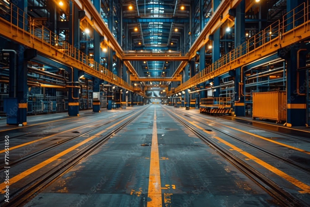 The quiet, expansive interior of an empty warehouse highlighted by fluorescent lights and bold parallel lines