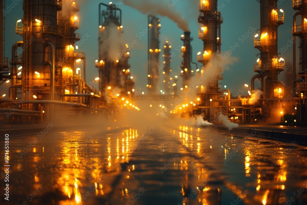 Industrial complex with glowing lights and smoke emissions captured during twilight hours