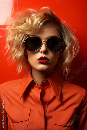 Fashionable blonde woman in red coat and sunglasses. Studio shot.
