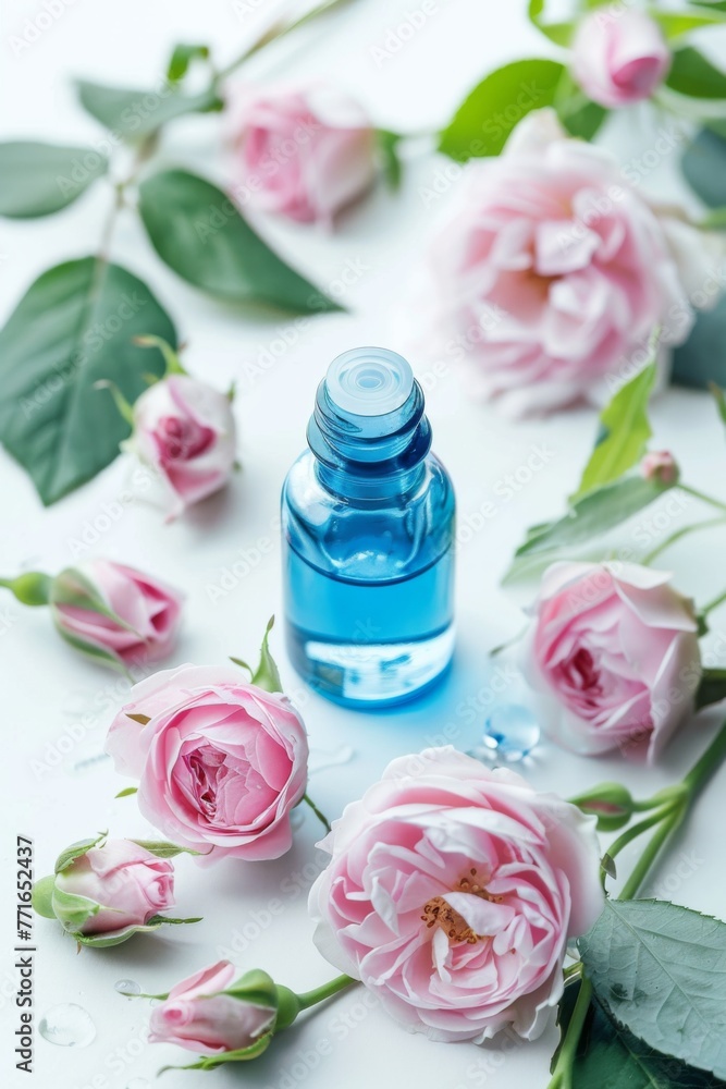 A serene composition featuring a delicate blue bottle of chamomile essential oil placed alongside gentle pink roses on a pristine white background. A serene composition featuring a delicate blue bottle of chamomile essential oil placed alongside gentle pink roses on a pristine white background.